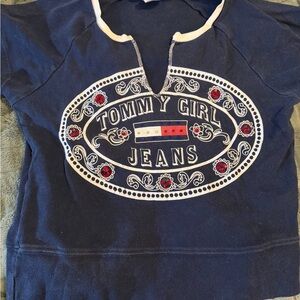 Y2K Tommy Hilfiger Navy Short Sleeve Graphic Tee with White Trim and Red Accents